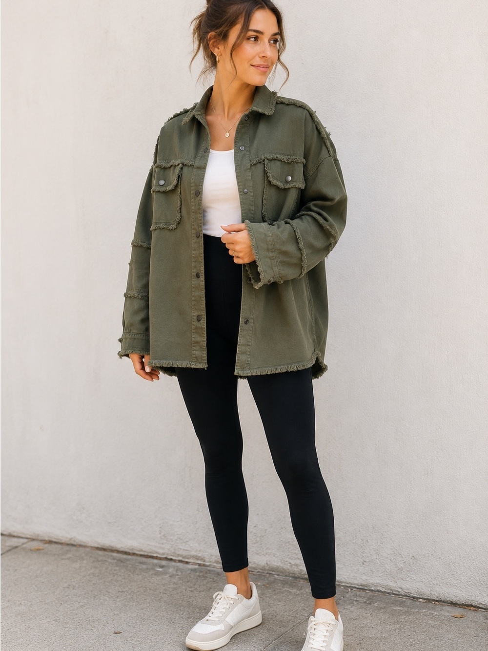 Oversized Shacket ÉLAN All You Need Is Love Olive Green Size S - Picture 2 of 14